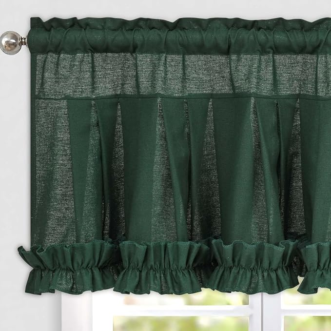 Likiyol Linen Valances for Windows Farmhouse Window Valances with Ruffle Rustic Country Light Filtering Kitchen Valance Curtains Rod Pocket Valance for Bathroom Cafe, Dark Green, 52" W X 18" L - Image 3