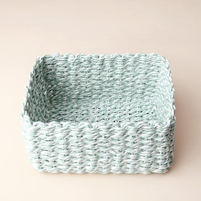 LA JOLIE MUSE Paper Rope Storage Baskets for Organizing, Recycled Wicker Storage Basket Container Bins for Shelves Cupboards Drawer, Small Woven Basket Set of 3 (Green White) - Image 5