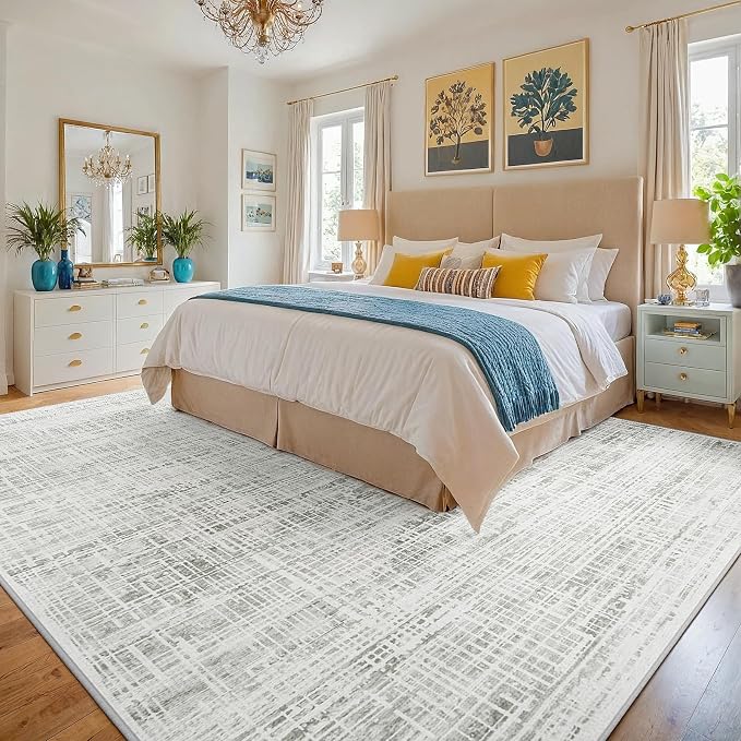 10x12 Washable Area Rug for Living Room Bedroom: Non-Slip Modern White Gray | Machine Washable TPR Backing, Stain-Resistant Low Pile, Pet & Kid Friendly, Abstract Decor for Dining Room, Dorm, Home Office - Image 2
