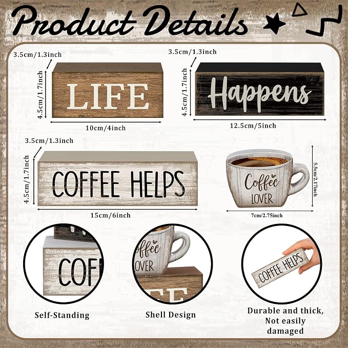 Moucuny 4 Pcs Farmhouse Coffee Bar Table Decor Vintage Wooden Stacked Block Sign - 'life Happens Coffee Helps' Table Centerpiece Rustic Wood Bar Sign Gift for Home Kitchen Shelf Tiered Tray Decor - Image 3
