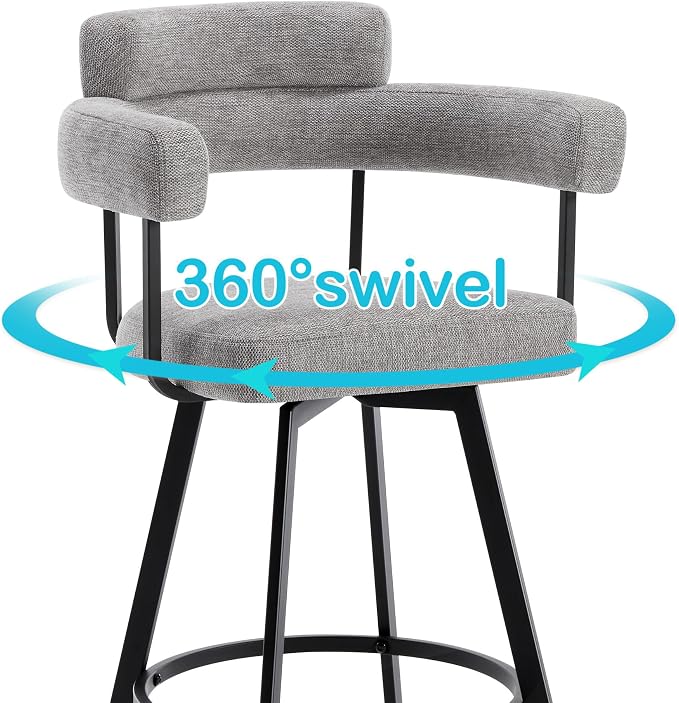Flouki Swivel Bar Stools with Backs and Arms, Modern Bar Stools Set of 2 for Kitchen Island, 26" Upholstered Linen Counter Height Bar Stools for Kitchen Counter, Dining Room, Grey - Image 4