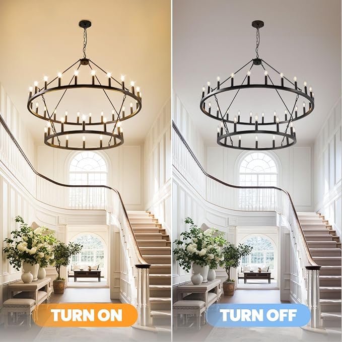 47 Inch Black Wagon Wheel Chandelier, 2 Tier 36-Lights Farmhouse Chandelier for Living Room, Round Rustic Dining Room Light Fixture, Extra Large Foyer Chandeliers for High Ceilings, for Entryway - Image 5