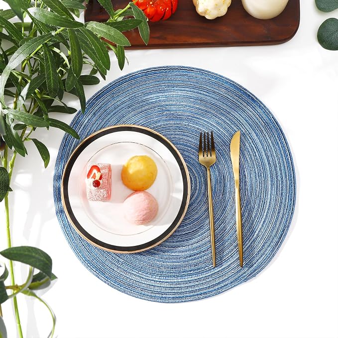 SHACOS Round Braided Placemats Set of 4 Dining Table Placemats 15 inch Circle Place Mats Easy to Clean Table Mats Indoor Outdoor, Blue Gray - Image 8