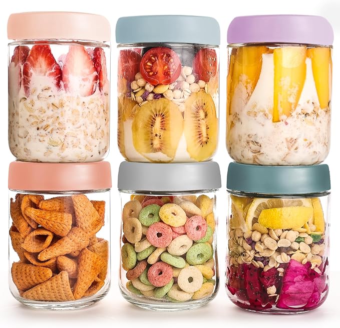 YUNCANG 6-pack Overnight Oats Containers with Airtight Lids, 16 oz Wide Mouth Mason Salad jars, Glass Food Storage Containers for Sugar Spice Yogurt Snacks by YUNCANG