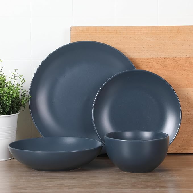 Gibson Home Queenslane 16-Piece Matte Blue Stoneware Dinnerware Set – Double Bowl Plates and Bowls, Durable Kitchen Dinner Set - Image 6