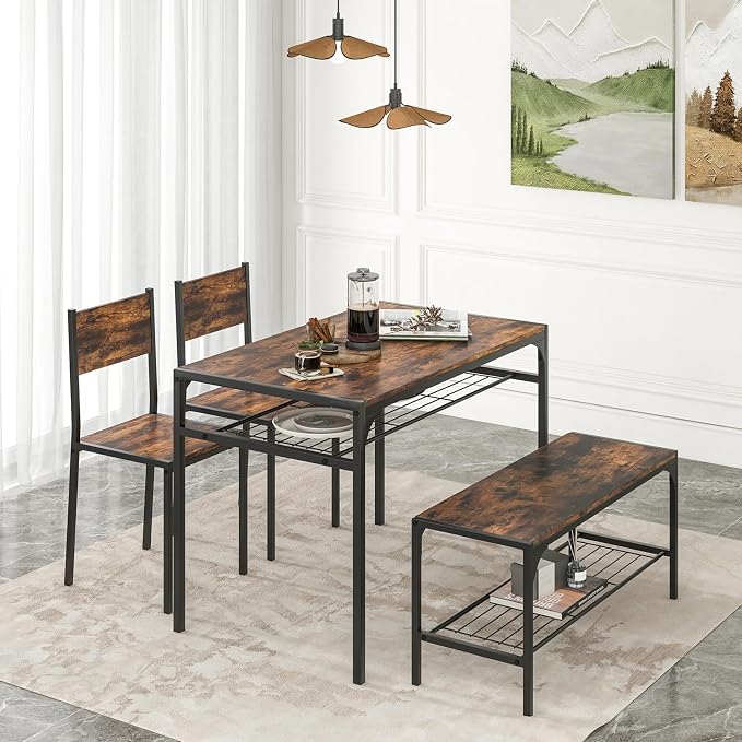 Giantex Dining Table Set for 4, Kitchen Table with Chairs & Bench, Storage Racks, Metal Frame, 4-Piece Space-Saving Dinette Set for Dining Room, Breakfast Nook, Small Space, Apartment,Rustic Brown - Image 2