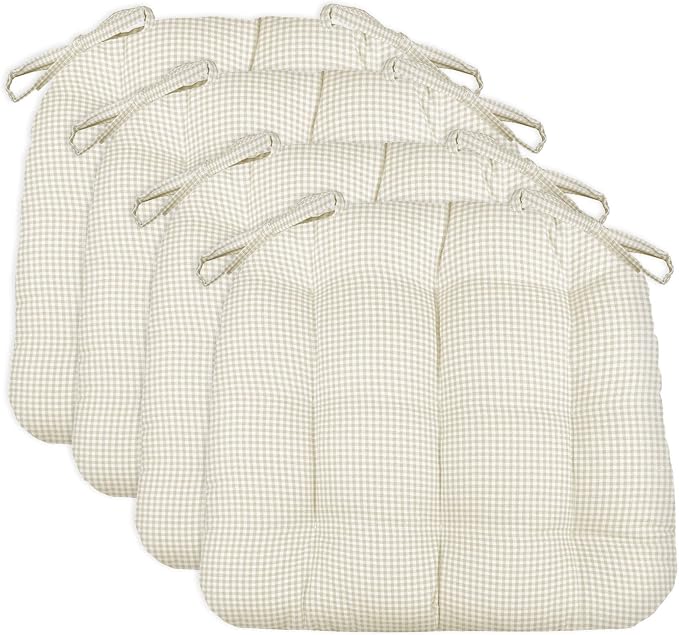 Barnett Home Decor Chair Cushions for Dining Chairs - 15x17 Kitchen Chair Cushions - Machine Washable, 100% Cotton, Made in USA - Latex Foam Comfort Chair Pads - Madrid Natural Gingham Small Pack of 4 by BarnettHomeDecor