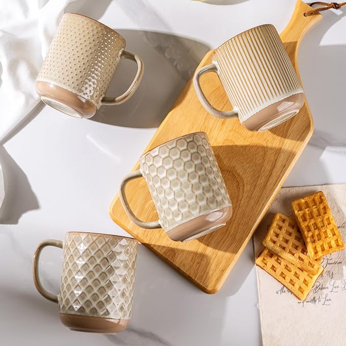 GBhome 12oz Coffee Mugs Set of 4, Handmade Stoneware Coffee Mugs Set with Large Handle for Cappuccino/Latte/Tea/Hot Cocoa, Dishwasher & Microwave Safe-Pale khaki - Image 3