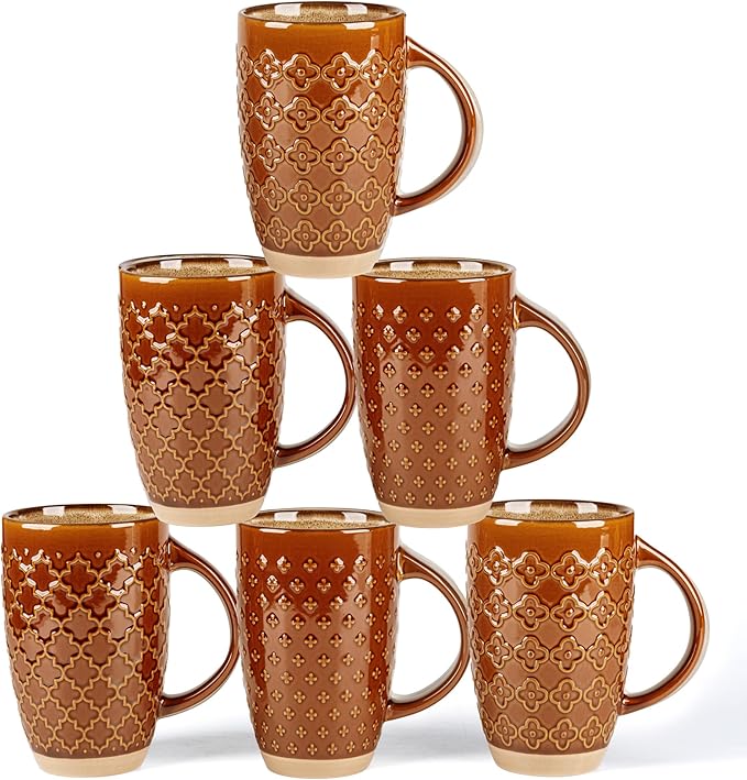 GBhome 20oz Large Coffee Mugs Set of 6, Handmade Tall Ceramic Coffee Mugs with Texture Patterns for Cappuccino, Latte,Hot Cocoa, Dishwasher & Microwave Safe by GBhome