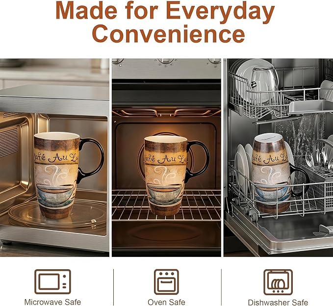 Topadorn Set of 2 Ceramic Travel Mugs with Lids, 17oz Coffee Mug Set | Vintage Café & Floral Artwork • 17oz Capacity • Comfortable Handles • Microwave & Dishwasher Safe • Gift Box Included - Image 6