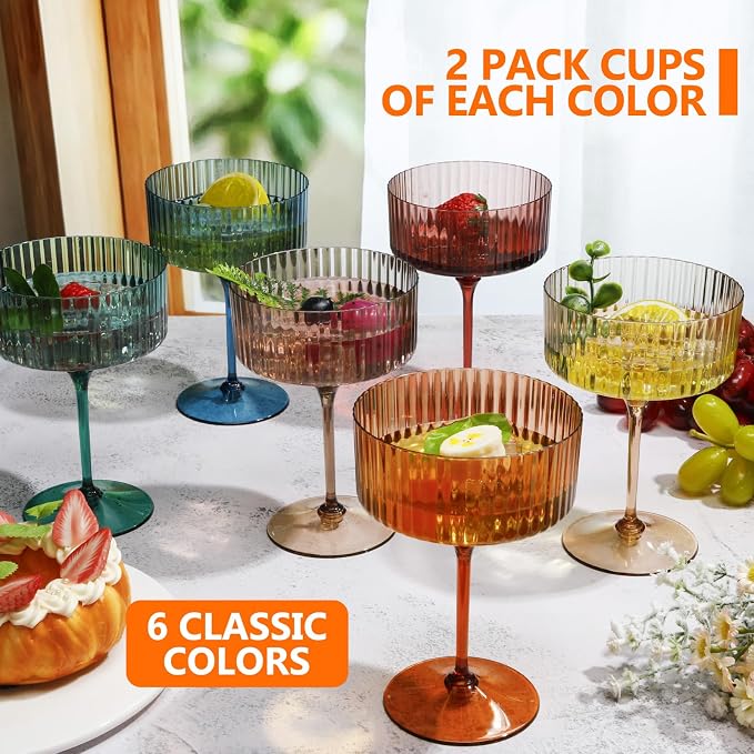 Jingmore 12 Pcs Ribbed Martini Glasses 10 oz Disposable Plastic Vintage Ribbed Coupe Glasses Unbreakable Dessert Parfait Glassware for Wedding Birthday Party Supplies (Classic Color) - Image 2