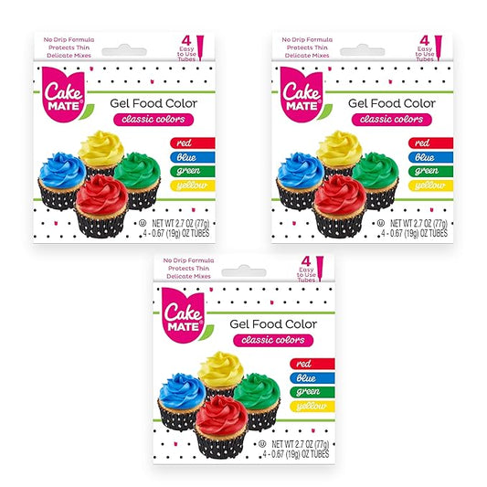 Cake Mate 3 Pack Gel Food Coloring Set – Blue, Red, Green, Yellow (0.67 oz per Gel Tube) – Perfect for Cookie, Cake, Cupcake & Dessert Decorating, Total 8.1oz