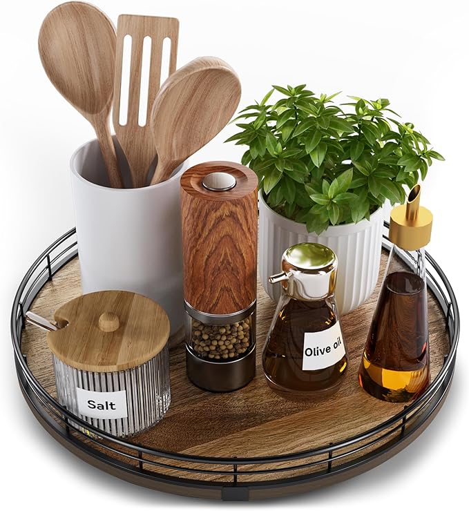 Acacia Wood 12" Lazy Susan Turntable Organizer for Table Top, Farmhouse Round Wooden Lazy Susan for Cabinet Kitchen Centerpieces Coffee Table, for Condiments Spices, Bathroom Vanity Tray Decor by HGF