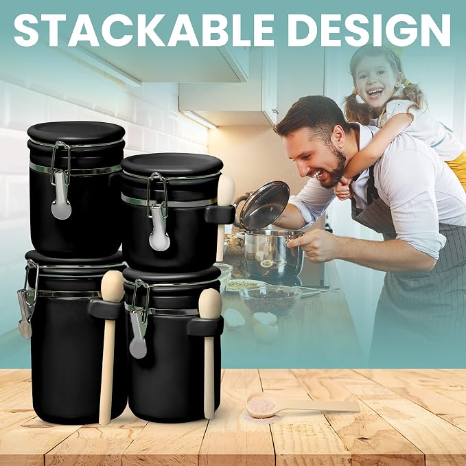 Home Intuition 4-Piece Ceramic Kitchen Canisters Set, Airtight Containers with Wooden Spoons Reusable Chalk Labels and Marker for Sugar, Coffee, Flour, Tea (Black) - Image 7
