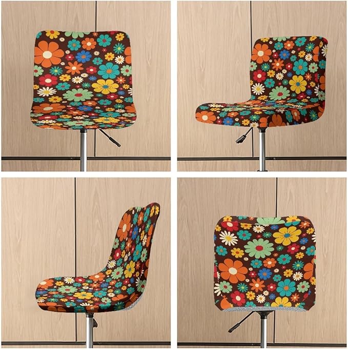 60s 70s Hippie Flower Bar Stools Covers 2 Pcs Barstool Slipcovers Elastic Stool Cushion Cover Swivel Barstool Covers Slipcovers for Low Short Back - Image 6
