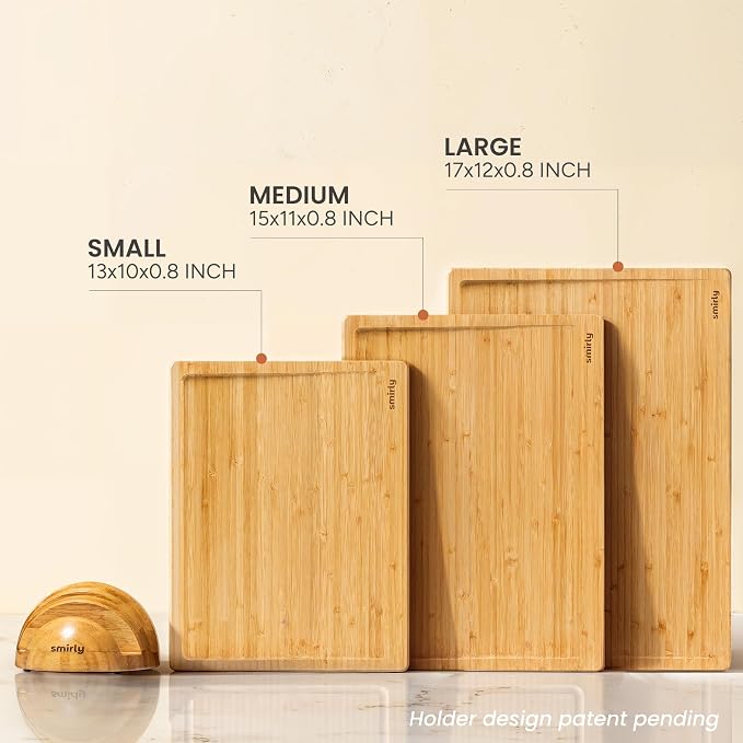 SMIRLY Cutting Boards for Kitchen, 3 Piece Bamboo Cutting Board with Stand | Non Toxic Wooden Cutting Board with Juice Grooves and Handles, Multiple Sizes Chopping Boards for Meat Vegetable Charcuterie - Image 3