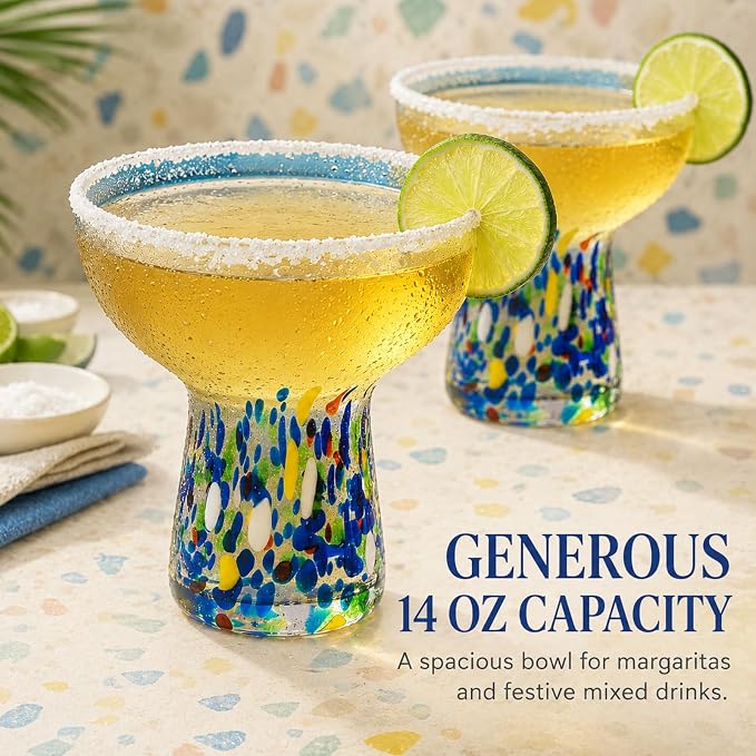 Large Stemless Hand Blown Confetti Margarita Glasses - 14 oz - Set of 2 | Colorful Artisan Glassware, Perfect for Margaritas, Martinis, Wine, Cocktails & Champagne, Great for Cinco de Mayo & Parties - Image 9
