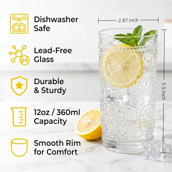 Bekith 6 Pack Romantic Drinking Glasses, 12 oz Highball Glasses, Thick Water Glasses, Tall Glass Cups for Beverages, Beer, Cocktail, Vintage Glassware Set for Dinner Parties, Bars, Restaurants - Image 2