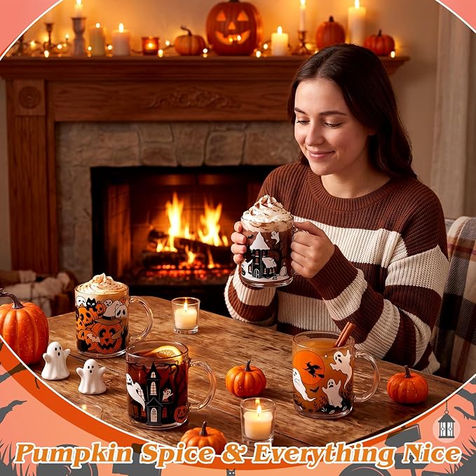 Tioncy 4 Pcs Halloween Ghost Coffee Mugs 12 oz Scary Pumpkin Glass Cups with Handle Spooky Coffee Cup Black Cat Horror Gifts Drinking Containers for Halloween Holiday Party Drinkware Accessories - Image 5
