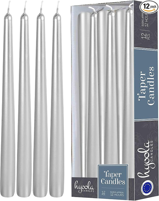 Hyoola 12 Pack Tall Metallic Taper Candles - 14 Inch Silver Metallic, Dripless, Unscented Dinner Candle - Paraffin Wax with Cotton Wicks by Hyoola