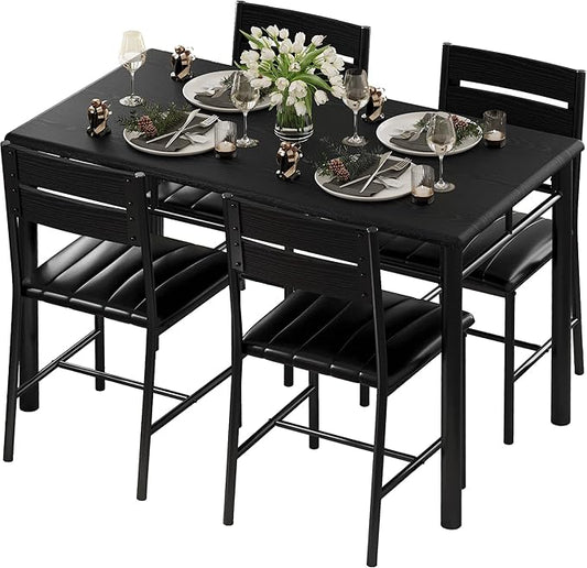 IRONCK Dining Table Set for 4, Black | Wood Kitchen Table with Upholstered Chairs for Kitchen Room and Small Spaces by IRONCK