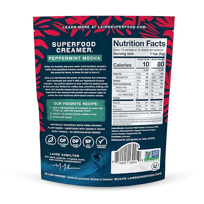 Laird Superfood Non-Dairy Original Superfood Peppermint Mocha Coconut Powder Coffee Creamer, Gluten Free, Non-GMO, Vegan, 8 oz. Bag, Pack of 2
