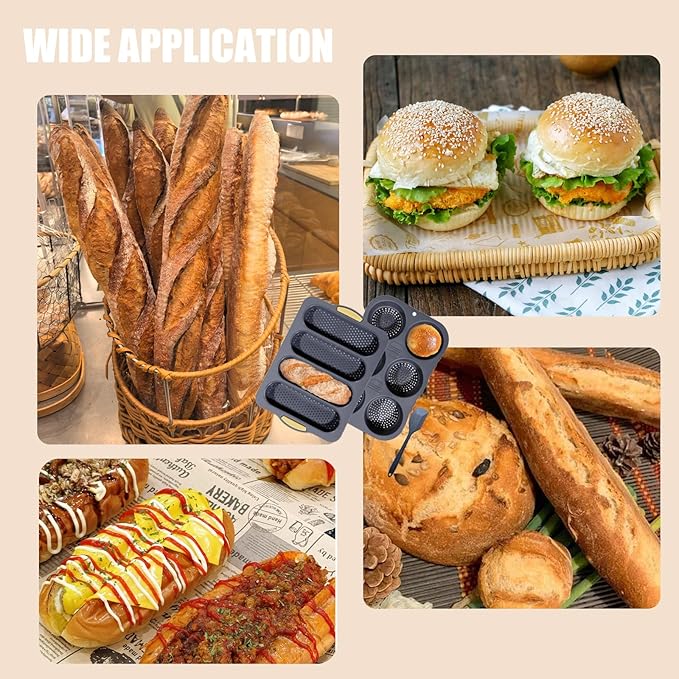 3 PCS Silicone Hamburger Bun Pan and Baguette Pan Set, Non-stick French Bread Baking Mold, 4 Wave French Bread Baking Tray,6 Cup Hamburger Bun Mold with Scraper for Homemade Bread Loaf Sandwich