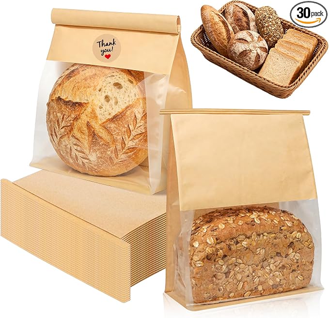 30 Pcs Bread Bags for Homemade Bread, Heavy Duty with Tin Tie Lock & Clear Window, 11"x8.7"x4.3", Large Sourdough Bread Bags, Stickers Included for Loaves, Cookies, Popcorn, Hamburgers by IMagicoo