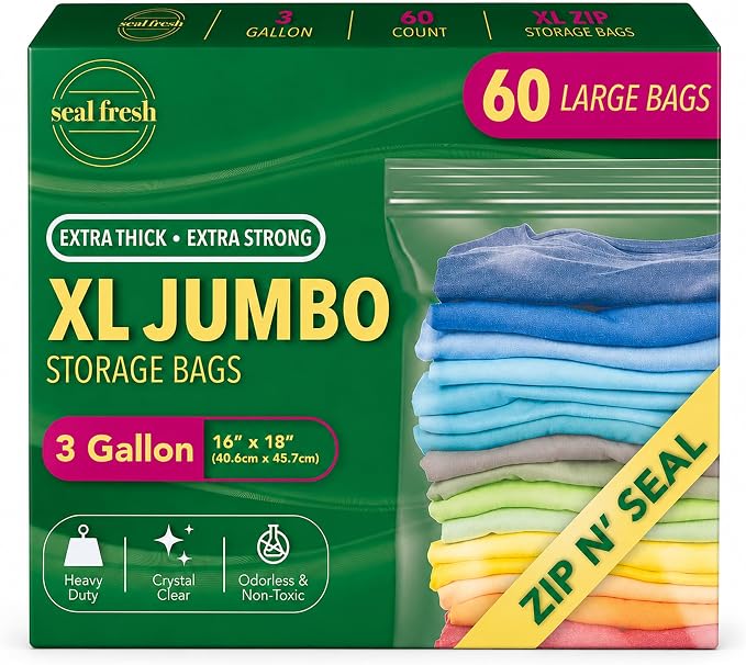 Seal Fresh 3 Gallon Large Plastic Storage Bags – 16" x 18" (60 Count) – Reusable XXL Extra Large Clear Jumbo Zip Bags with Sealable Zipper Top For Clothes, Travel, Moving by SealFresh