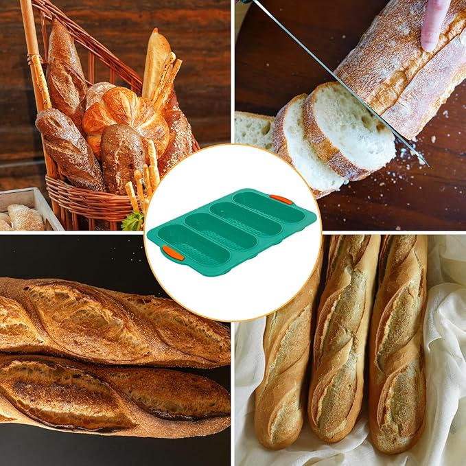 Silicone Bread Loaf Pan, 4-cavity Non-Stick Baguette Bread Pan Heat Resistant Hot Dog Bun Mold, for Sub Roll Baking Pan Bread Pans for Homemade Bread（Dark Green）