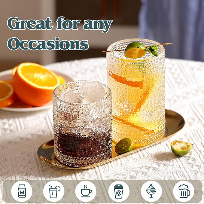 Moretoes Vintage Hobnail Drinking Glasses Set of 12 | 15 Oz Highball Glasses & 10 Oz Cocktail Glasses, Glass Cups Kitchen Bar Tumbler Glassware Set for Whiskey, Beer, Juice, Milk - Image 6