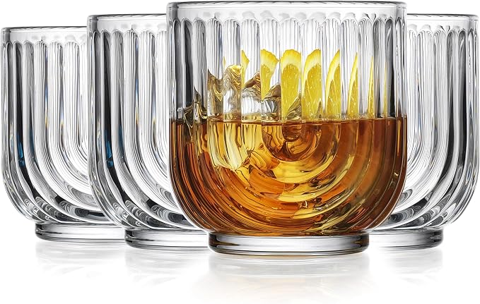 Glaver's Vintage Glassware Art Deco Glasse Ribbed Drinking Glasses U-Shape Arch Design Colored Cocktail Kitchen Tumblers Everyday Dinner Decorative Party (Clear S/4 11oz) by Glavers