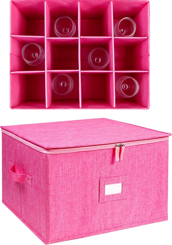 Wine Glass Storage Box, Stemware Storage Containers Cases with Dividers | Stackable Moving Supplies for 12 Wine Glasses, Drinkware , Glassware or Crystal, Hard Top and Stackable (Pink) - Image 5