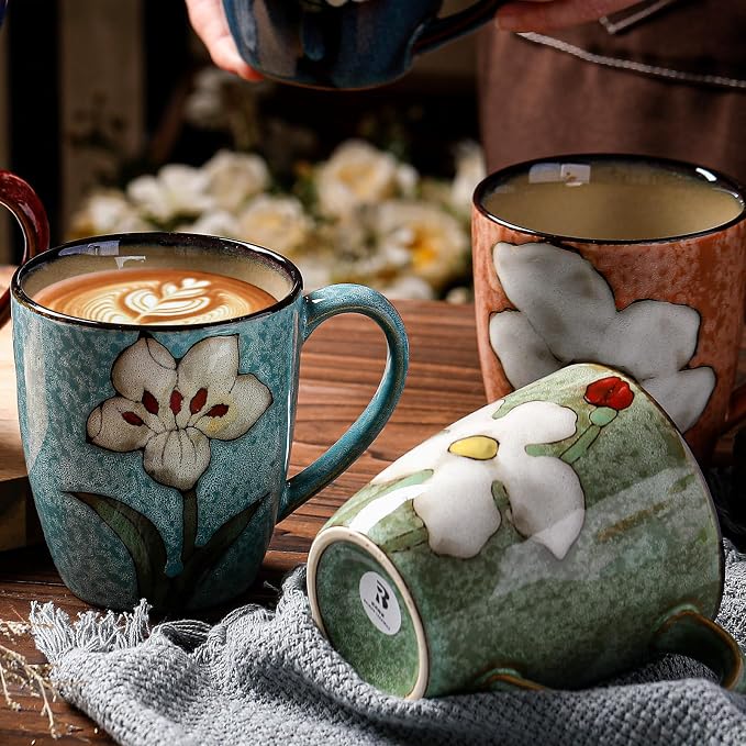 Maxdot 2 Pcs 12oz Ceramic Coffee Mugs Sets Glazing Process Cappuccino Mug Floral Ceramic Tea Cups Idea Gift Set for Women Porcelain Cup for Coffee, Cocoa, Tea, Latte (Retro) (Fresh) - Image 5