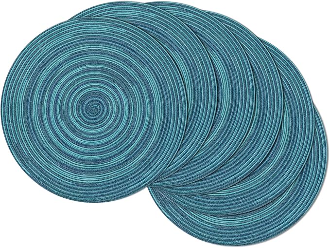 SHACOS 15 inch Round Placemats Set of 6 Variegated Multicolor Place Mats Cotton Polyester Braided Non Slip Washable Heat Resistant Table Mats for Home Wedding Dinner Party Table Decor, Rainbow Teal by SHACOS