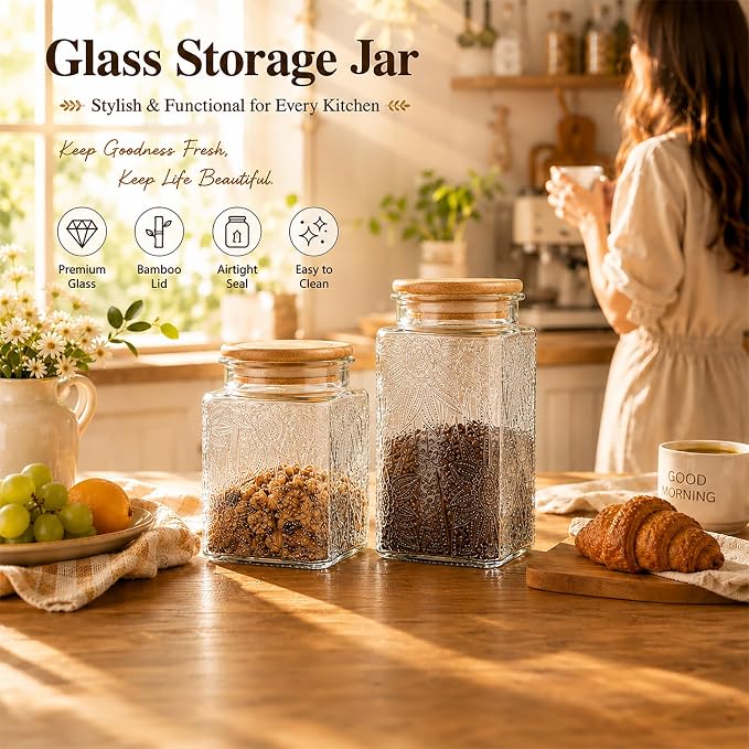 Glass Storage Jars With Airtight Lid, 35oz Canister For Kitchen Counter with Bamboo Lid, brown sugar, candy, coffee, cookie, salt, tea,pantry cute Jar (Large Square Sunflower) - Image 5