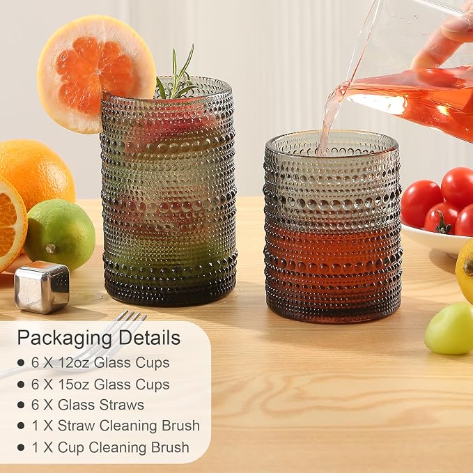 ZMOWIPDL Drinking Glasses Set of 12,Grey 12oz & 15oz Hobnail Glass Cups | Vintage Glassware，Embossed Water Tumbler,for Beer,Cocktail,Whiskey,Juice and Various Mixed Drinks- 1 Cleaning Brush - Image 6