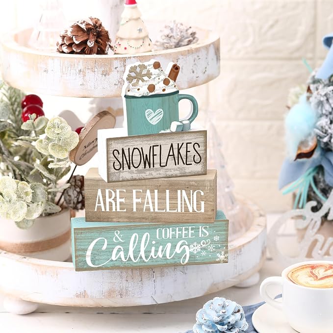 Moucuny 4 Pcs Winter Table Decor Wooden Milk Cocoa Decoration Winter Tiered Tray Centerpiece Decorative Blue Hot Cocoa Block Signs Gift Farmhouse Decoration for Home Kitchen - Image 2