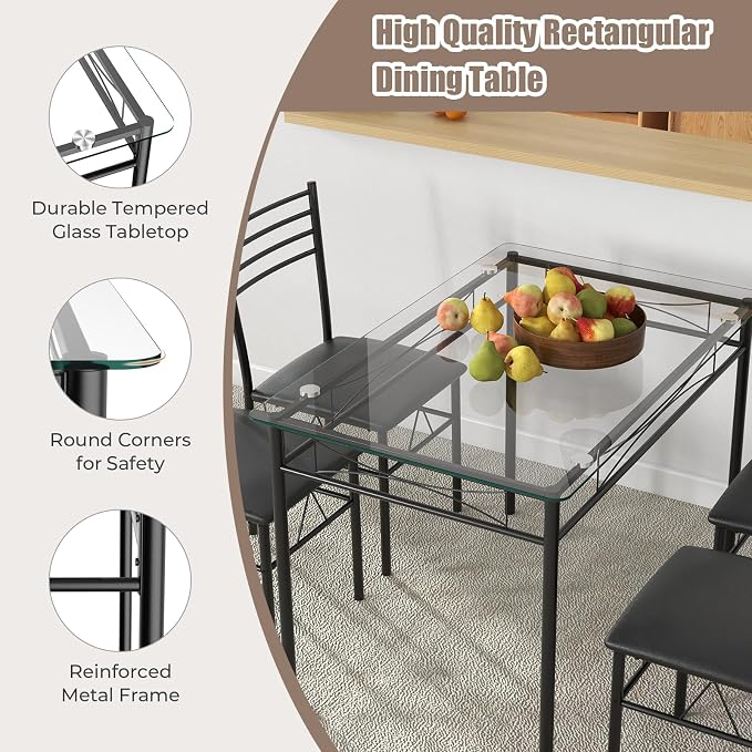 Giantex 5 Piece Dining Table Set, Kitchen Dining Set with Tempered Glass Table Top and 4 Upholstered Chairs, Dinette Set for 4 for Breakfast Nook Dining Room Kitchen (Black) - Image 4