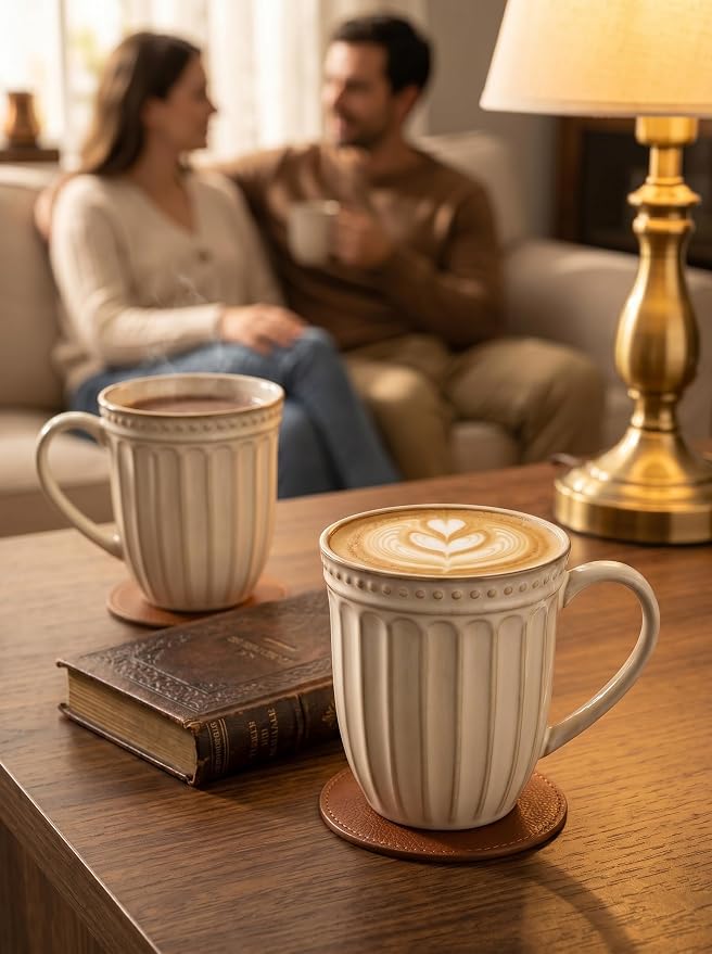 HASENSE Textured Coffee Mugs Set of 4, 16 Oz Ribbed Ceramic Cups with Large Handle for Latte Tea Cappuccino, Stackable Embossed Mugs for Everyday Use, Microwave & Dishwasher Safe, Creamy Beige - Image 7