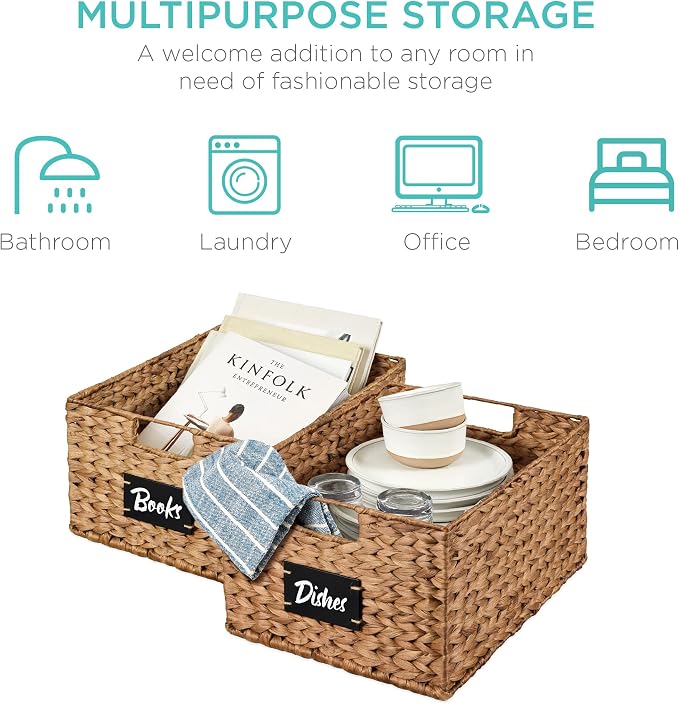 Best Choice Products Pantry Baskets Set of 2 16x12in Water Hyacinth Storage Baskets, Woven Wicker Kitchen Organizers with handles w/Chalkboard Label Chalk Marker - Chestnut - Image 6
