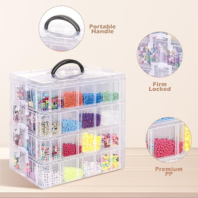 4-Tier Bead Storage Container, Craft Organizer Box with 32 Compartments, Clear Plastic Case with Handle, Includes Funnel and Brush (4-Tire Bead Organizer)