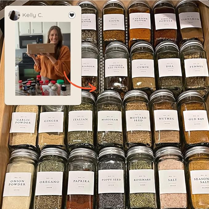 FINESSY Minimalist Spice Jars with Labels, Airtight Metal Lids 4oz 36 Pack | Empty Spice Jars With Sift / Pour Shaker Inserts, Airtight Lids, Waterproof Labels (200 Pre-Printed, 40 Blank) And Funnel - Image 7