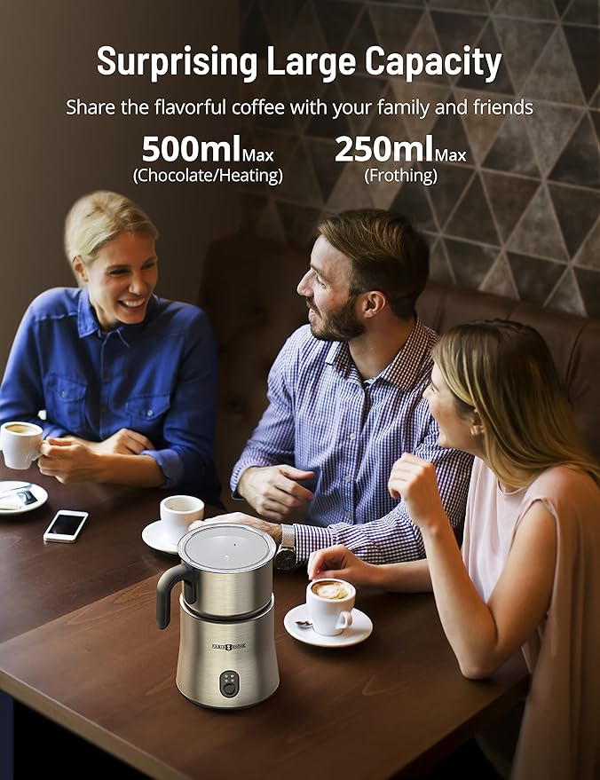 Milk Frother and Steamer, PARIS RHÔNE 4-in-1 Detachable Milk Steamer, 500ml Hot Chocolate Maker and Milk Warmer with Hot & Cold Foam, Dishwasher Safe, All Stainless Steel