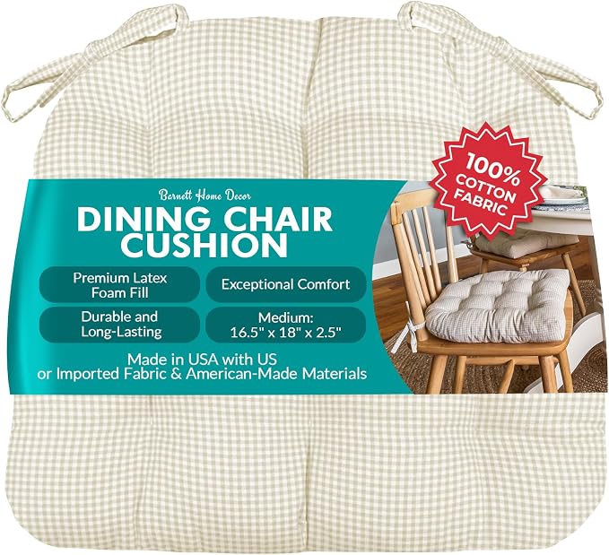 Barnett Home Decor Madrid Natural Dining Chair Pad with Ties - Medium Size 18 Chair Cushion - Latex Foam Fill - Machine Washable, Reversible, 100% Cotton, Made in USA (Neutral Gingham) by BarnettHomeDecor