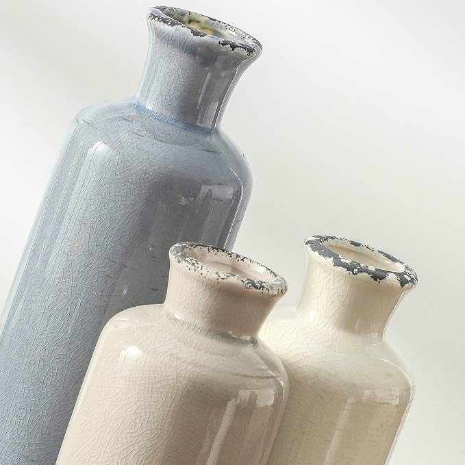 Ceramic Vase Set of 3, Neutral Flower Vases Home Decor, Pottery Rustic Farmhouse Decorative Vases Modern Decor for Table Mantel Entryway Bookshelf Living Room Kitchen Bedroom - Ocean - Image 4