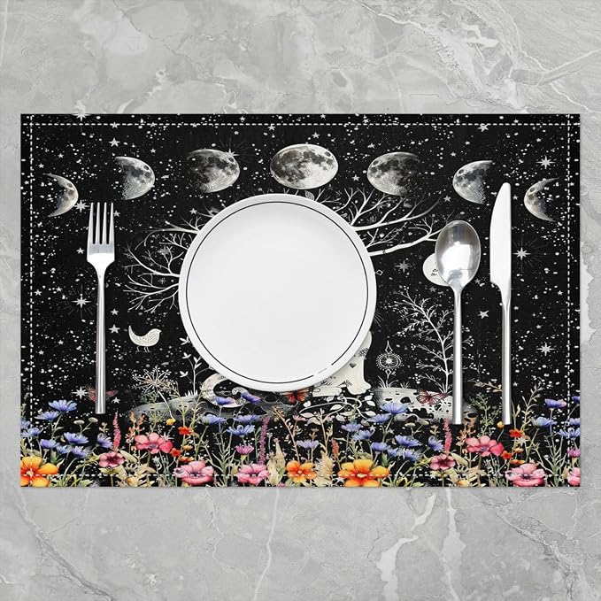 Feelyou Sun Moon Table Place Mats, Set Boho Exotic Cat Placemats Set of 4 Bohemian Floral Placemat for Kitchen Dining Table Decor Indoor Outdoor for Women Men Galaxy Animals 18"x12" - Image 2