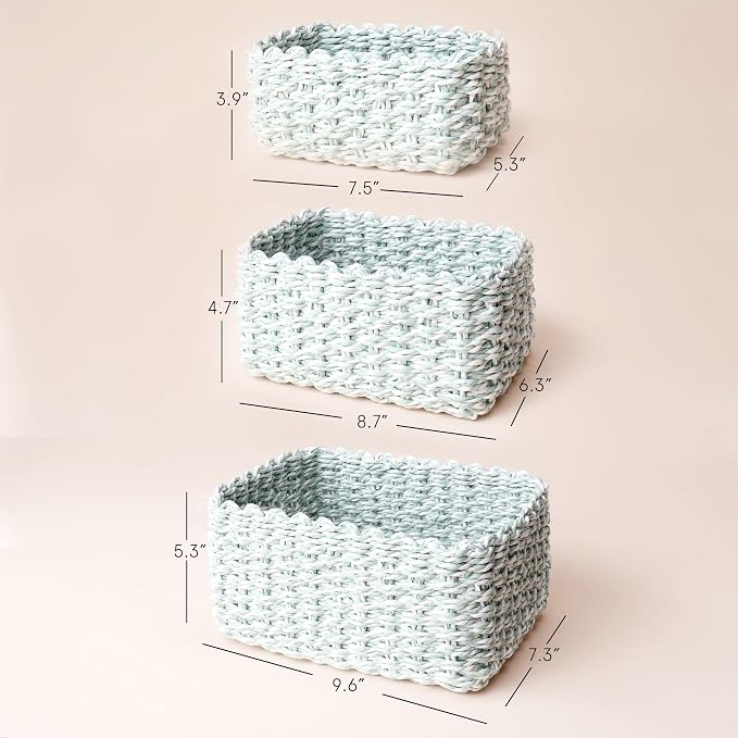 LA JOLIE MUSE Paper Rope Storage Baskets for Organizing, Recycled Wicker Storage Basket Container Bins for Shelves Cupboards Drawer, Small Woven Basket Set of 3 (Green White) - Image 4