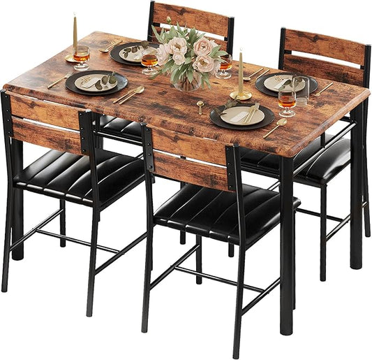 IRONCK Dining Table Set for 4, Rustic Brown | Wood Kitchen Table with Upholstered Chairs for Kitchen Room and Small Spaces by IRONCK