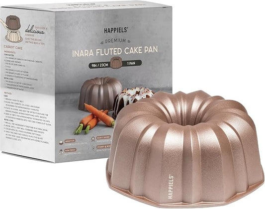 Inara 10 Cup Fluted Cake Pan Nonstick, PFOA & BPA Free | | Non-Toxic - Cast Aluminum - Gold - Pound Cake Mold for Oven Baking by HAPPIELS